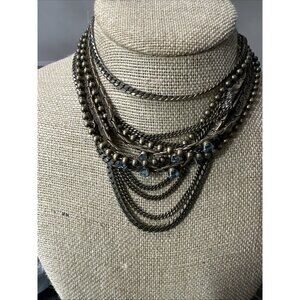 Tova Multi Chain Choker Style Necklace Blue Rhinestone